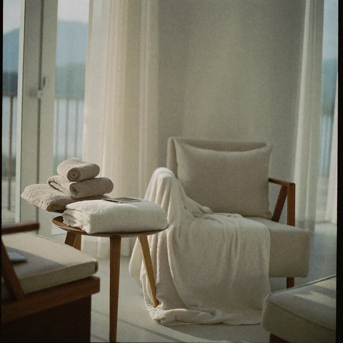 Armchair with a white throw beside a side table of folded towels in soft daylight