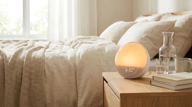 Sunrise alarm clock glowing on a wooden nightstand beside a bed with white linen bedding