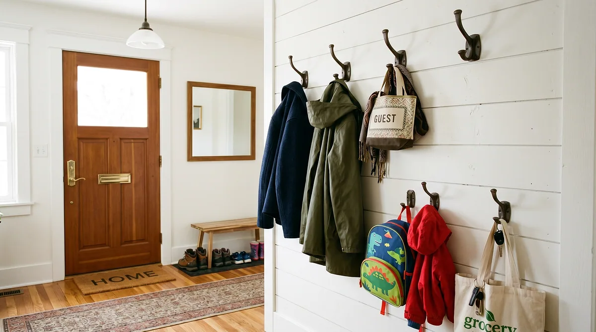 Wall hooks in an entryway holding jackets, a backpack and tote bags near the front door