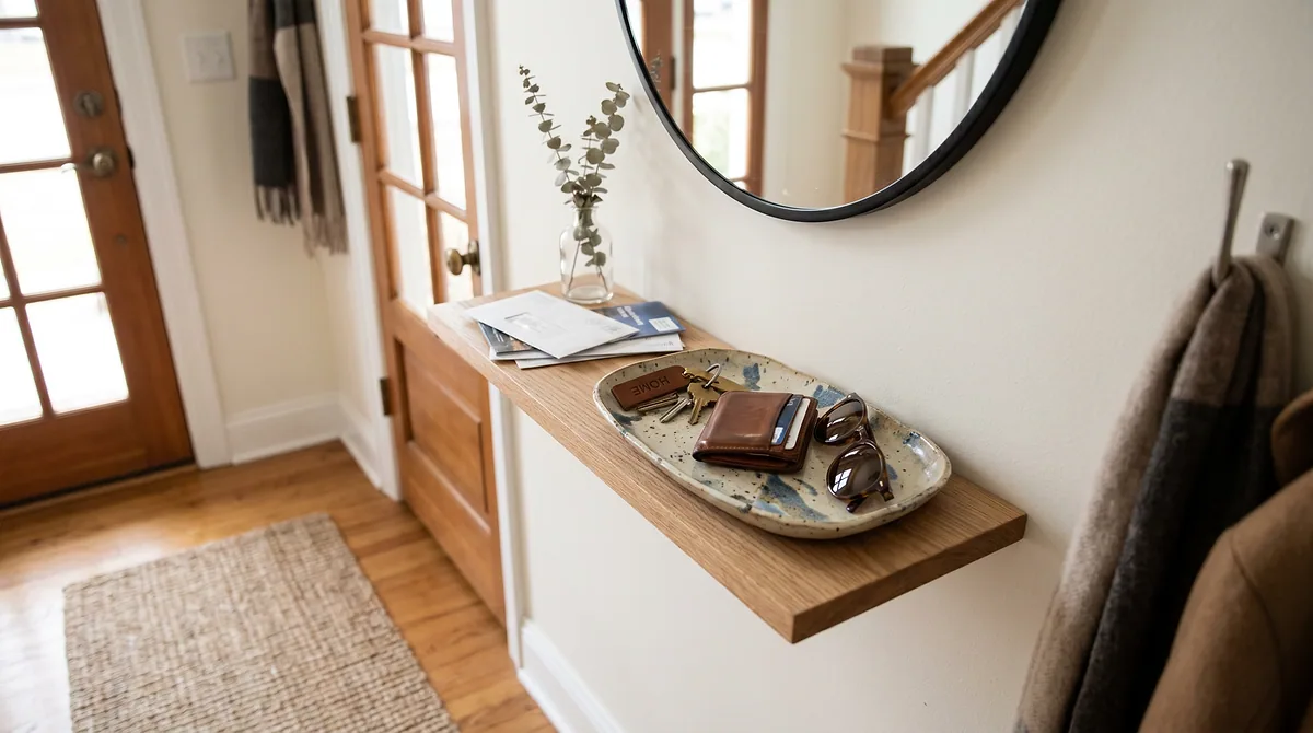 Floating wooden shelf by the front door with a ceramic tray holding keys, a wallet and sunglasses