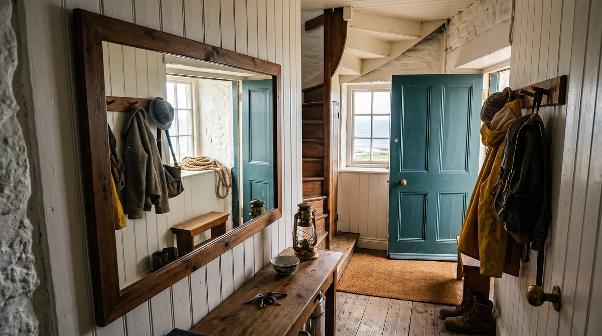 Large wood-framed mirror above a narrow bench in a small cottage entryway with coats on hooks