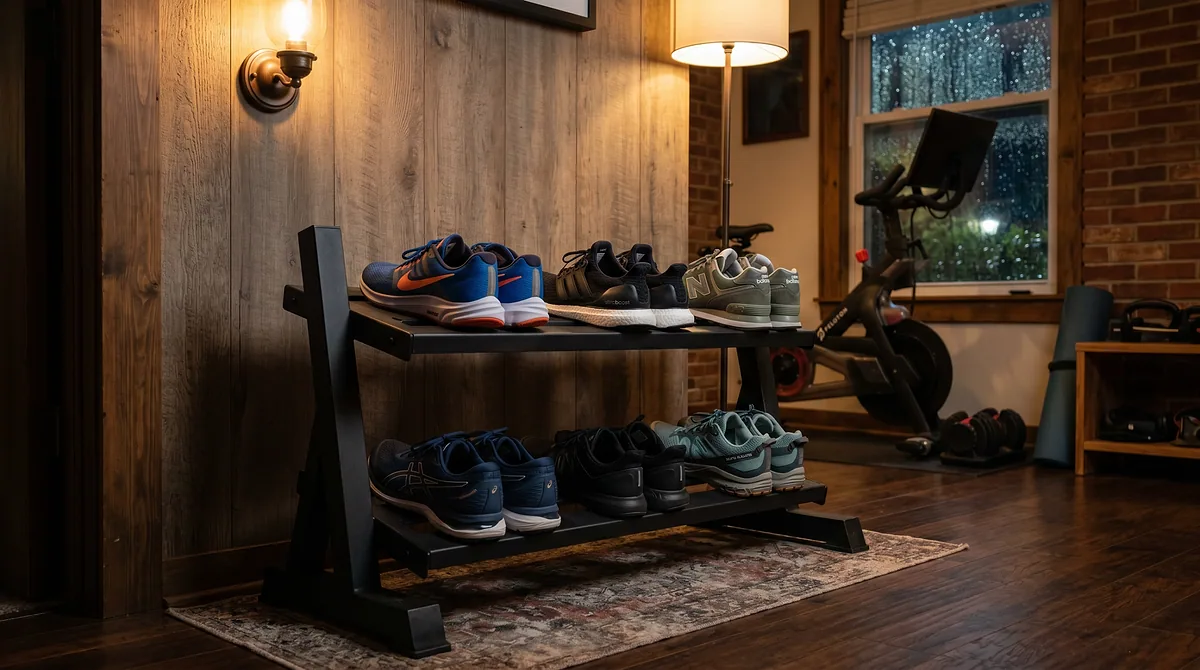 Two-tier shoe rack holding sneakers in a wood-paneled entryway