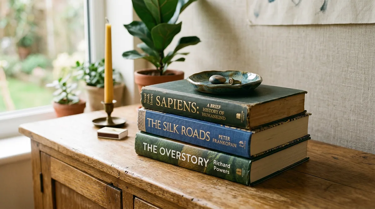 Stack of three hardcover books topped with a small dish, beside a brass candlestick