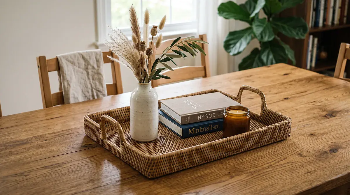Rattan tray on a wooden table holding a vase of dried grasses, stacked books and a candle