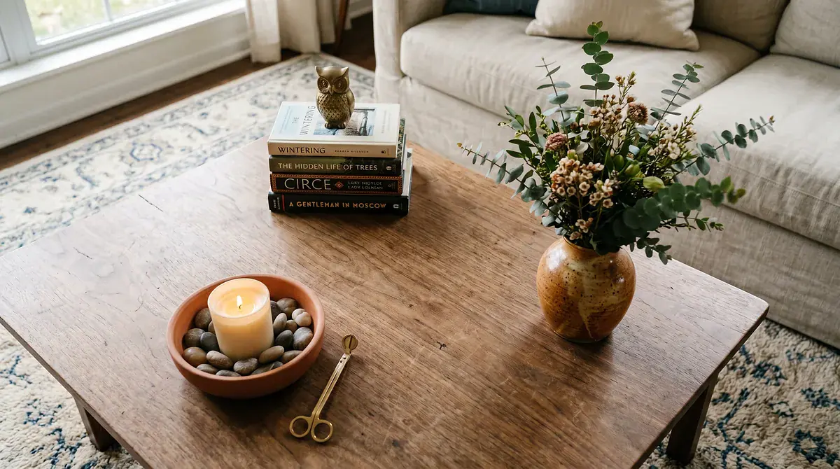 Coffee table styled as a triangle: a stack of books, a vase of flowers and a bowl with a candle