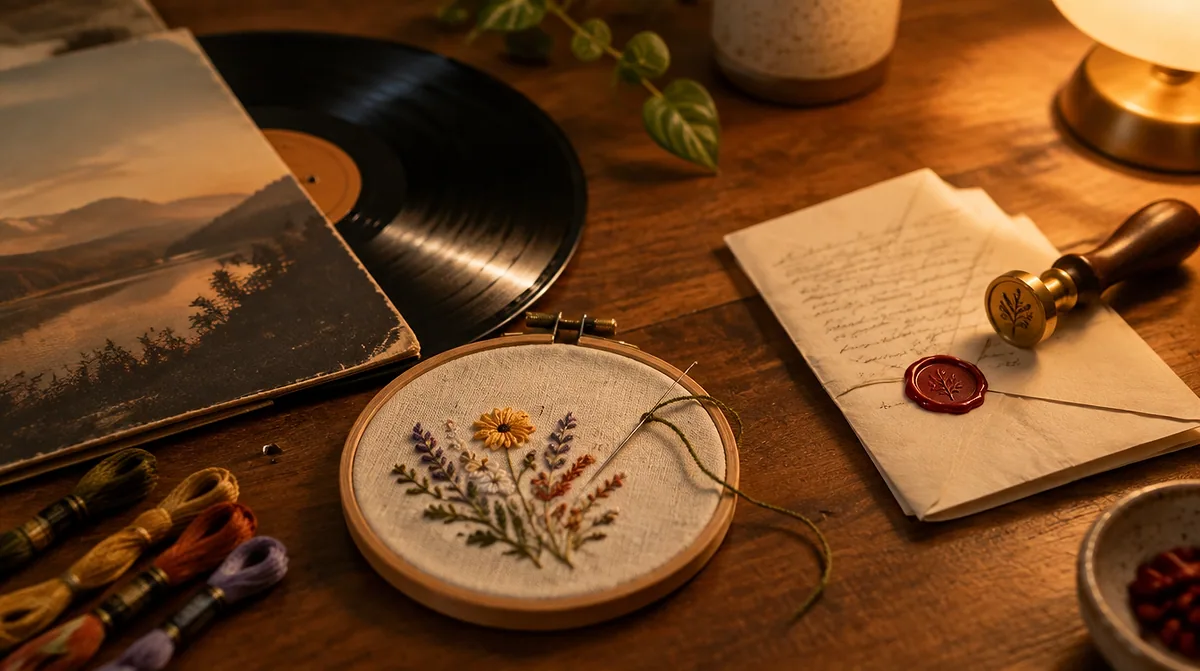 Analog evening hobby essentials: vinyl record, embroidery hoop, and wax seal letter