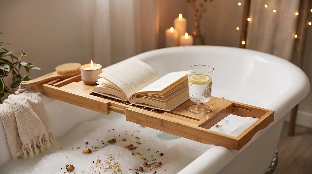 Bamboo bath caddy tray across a bathtub holding a book, drink and candle