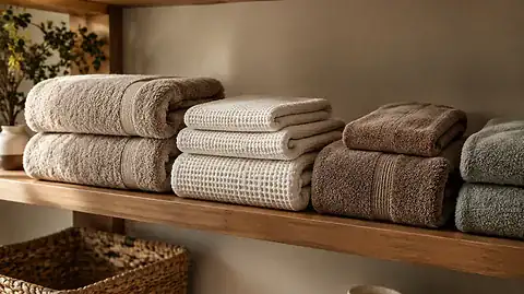 Bath towel GSM guide: several folded towels of different thickness stacked on a wooden shelf