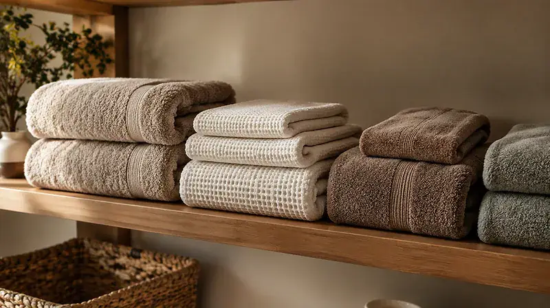 Bath towel GSM guide: several folded towels of different thickness stacked on a wooden shelf