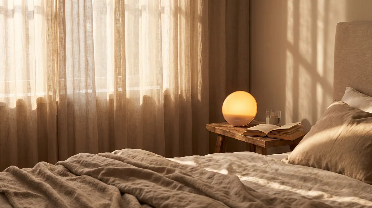 Bedroom at dawn with a glowing sunrise lamp on the nightstand