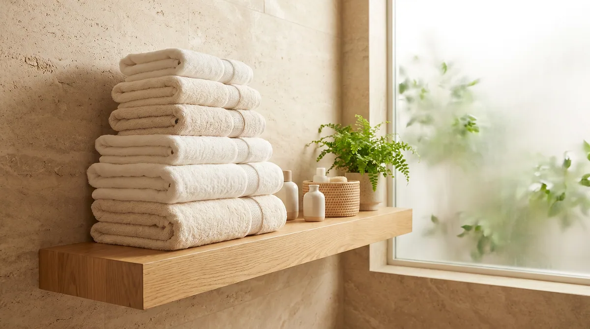 Stack of plush Turkish cotton towels on a wooden bathroom shelf