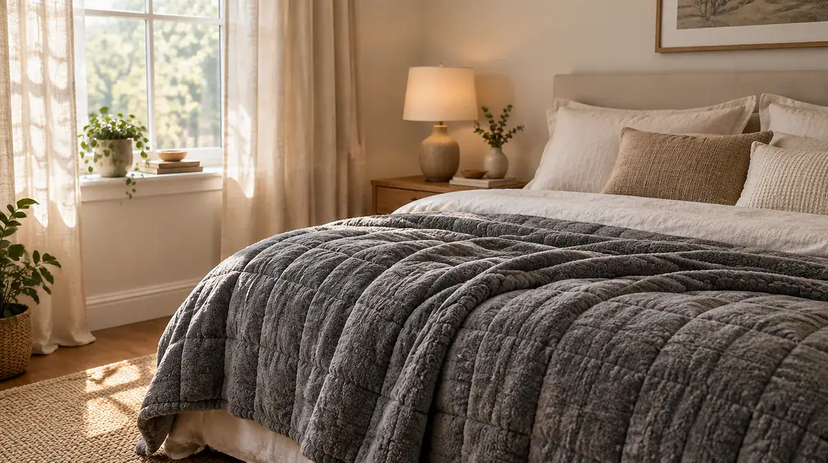 Cozy bed with a heavy weighted blanket folded at the foot, soft natural light