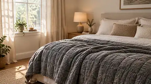 Cozy bedroom with a thick grey weighted blanket draped over the bed, warm morning light