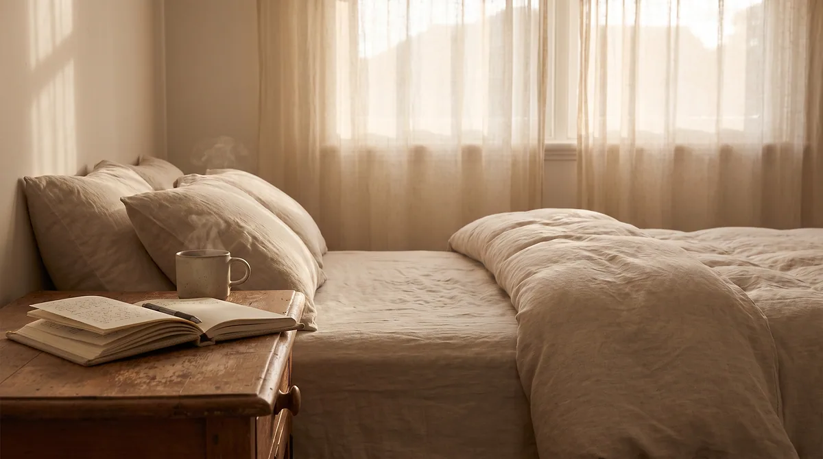 Calm morning with made bed, coffee and open journal in soft dawn light