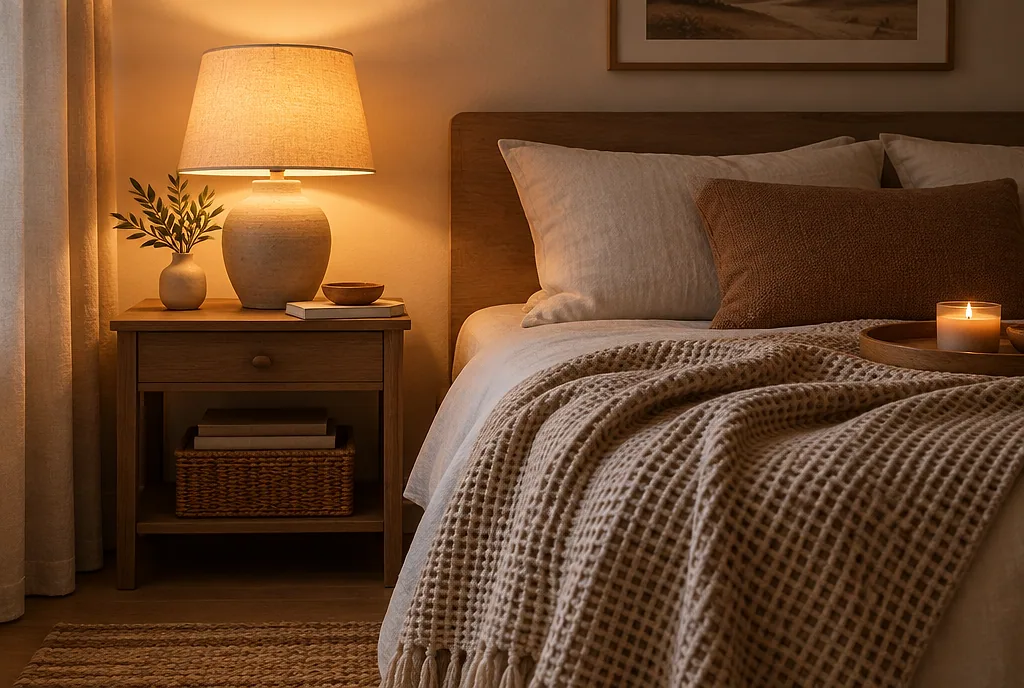 Cozy bedroom Amazon finds: warm lamp, waffle throw, and a wooden nightstand tray