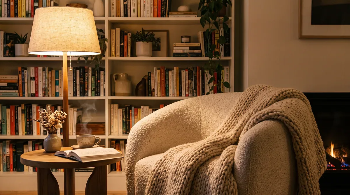 Cozy reading nook with boucle armchair, knit throw and warm floor lamp