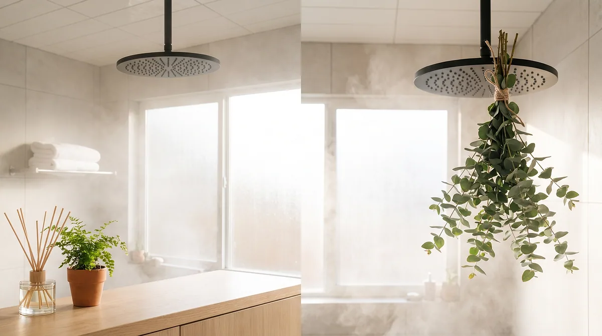 Fresh eucalyptus tied to a rainfall shower head in a bright bathroom