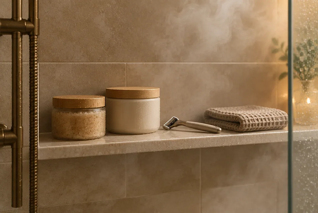 The everything shower routine: scrub, hair mask, and razor laid out on a shower shelf