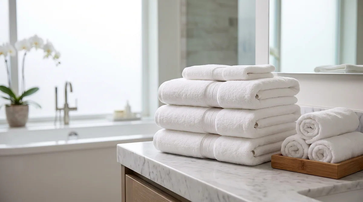 Hotel-style folded white towels stacked on a bathroom counter