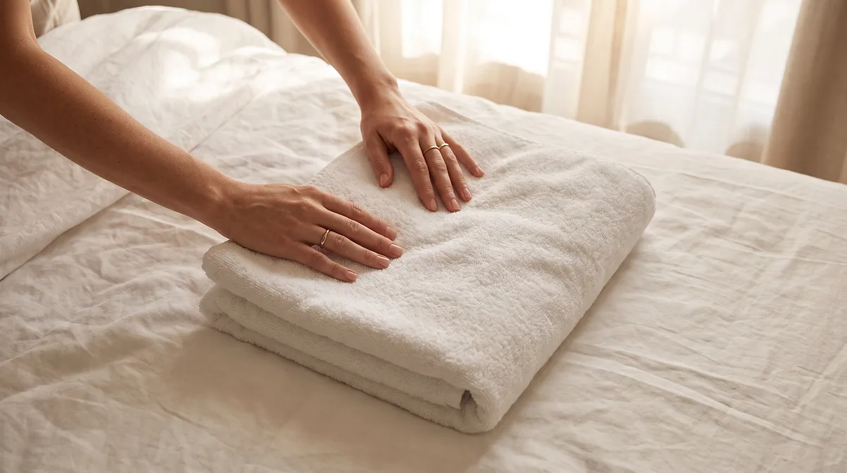 Hands folding a fluffy white towel hotel-style on white linen