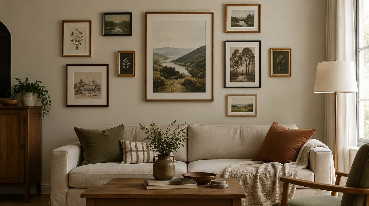 Gallery wall ideas: a tastefully arranged gallery wall of mixed-size picture frames