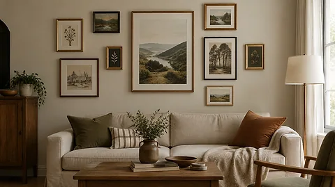 Gallery wall ideas: a tastefully arranged gallery wall of mixed-size picture frames