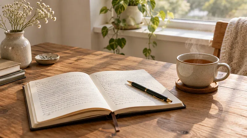 Gratitude journal open on a wooden table beside a warm cup of tea in soft morning light