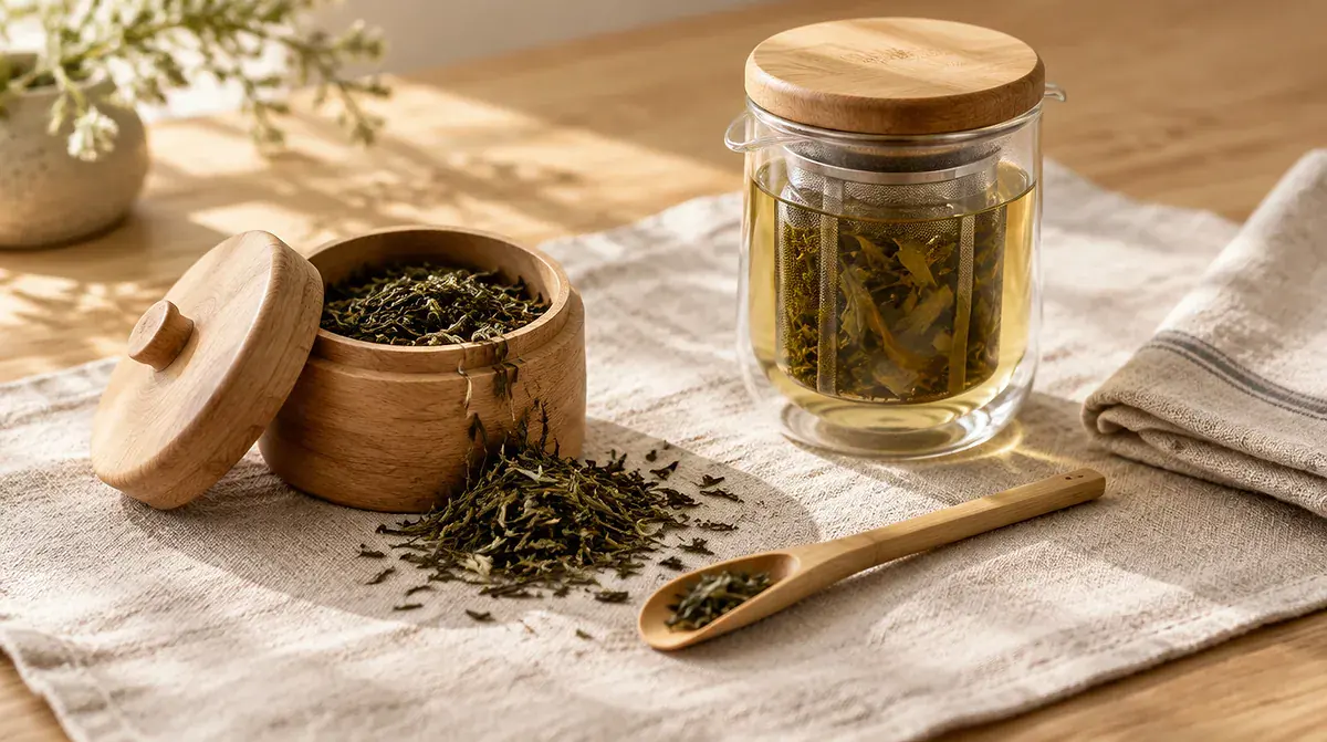 Loose-leaf tea ritual essentials: tea caddy, glass infuser, and bamboo scoop