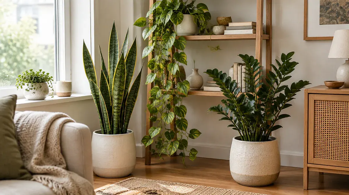 Low light indoor plants arranged on a shelf and side table in a bright, cozy living room corner
