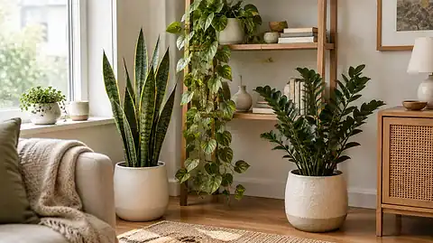 Low light indoor plants arranged on a shelf and side table in a bright, cozy living room corner