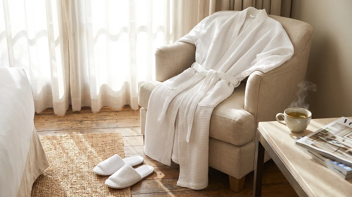 Plush white waffle bathrobe draped over a linen armchair with slippers