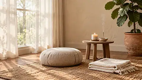 Cozy meditation corner with a linen floor cushion, weighted blanket, and aromatherapy candle