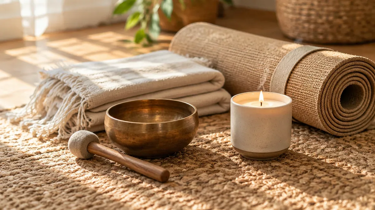 Meditation ritual essentials flat-lay: singing bowl, yoga mat, linen throw, and aromatherapy candle