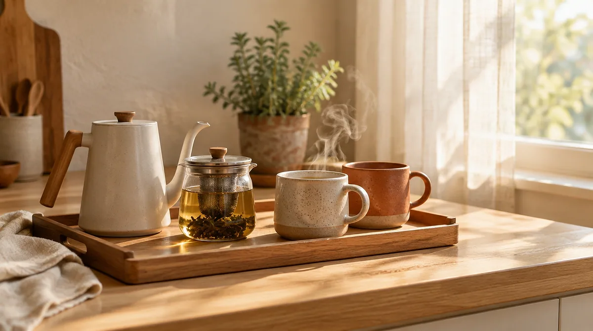 Cozy morning tea corner with a pour-over kettle, glass infuser, and ceramic mugs