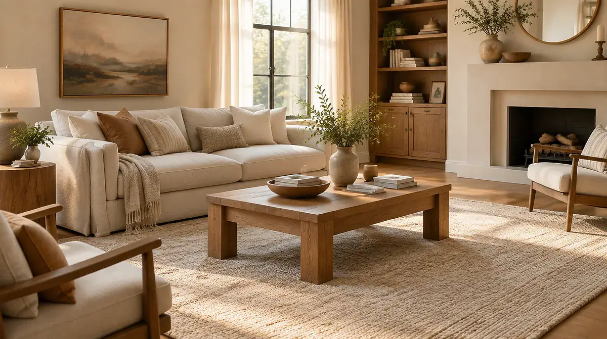 Rug size guide example: bright living room with a large neutral area rug anchoring the sofa and coffee table