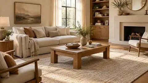 Rug size guide example: bright living room with a large neutral area rug anchoring the sofa and coffee table