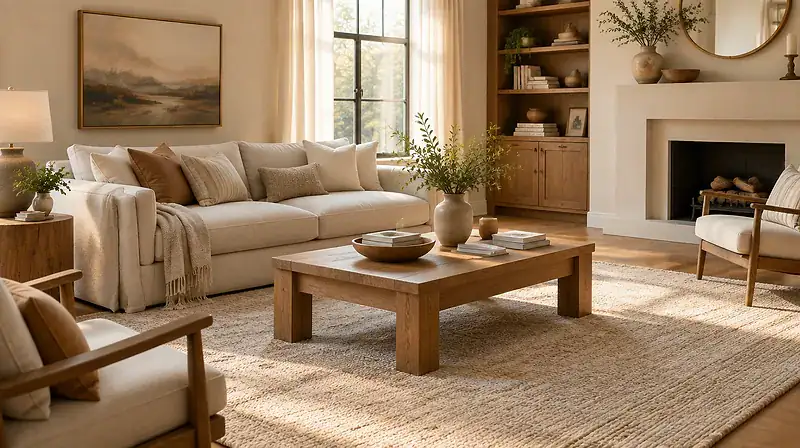 Rug size guide example: bright living room with a large neutral area rug anchoring the sofa and coffee table