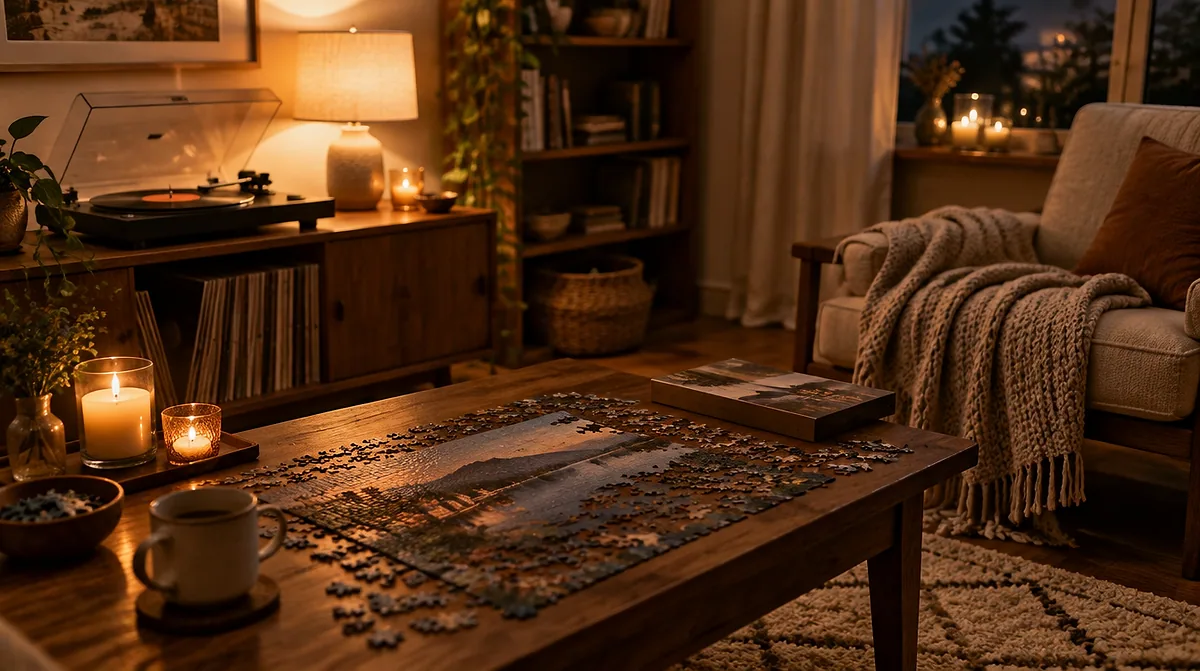 Cozy evening living room with a jigsaw puzzle, vinyl record player, and warm lamp light