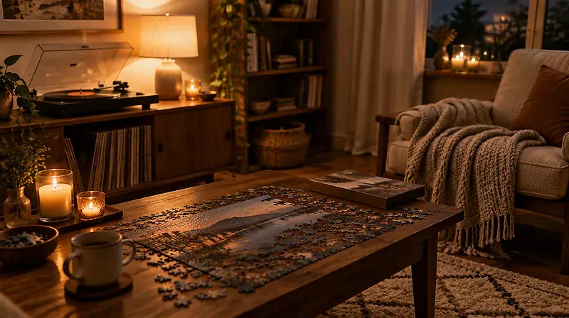 Cozy evening living room with a jigsaw puzzle, vinyl record player, and warm lamp light