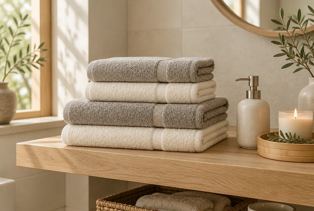 Spa bathroom ideas at home: folded Turkish cotton towels styled with a bamboo tray and ceramic soap dispenser