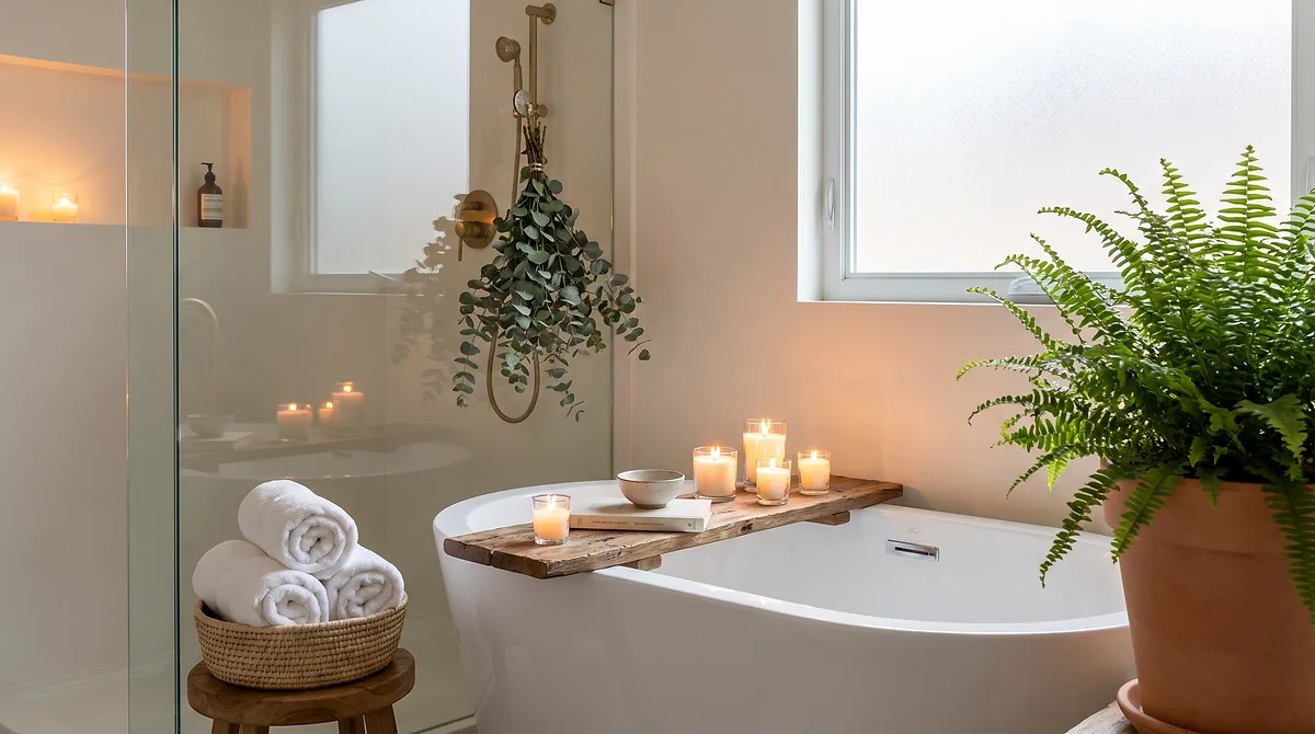Spa bathroom at home with candles, rolled towels and hanging eucalyptus