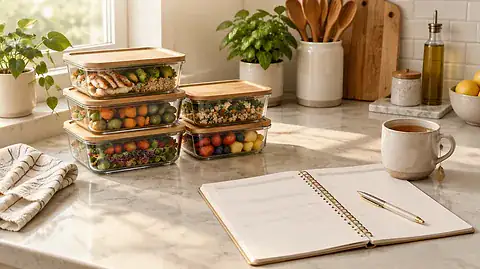 Sunday reset routine setup: glass meal prep containers and a weekly planner notepad on a calm kitchen counter
