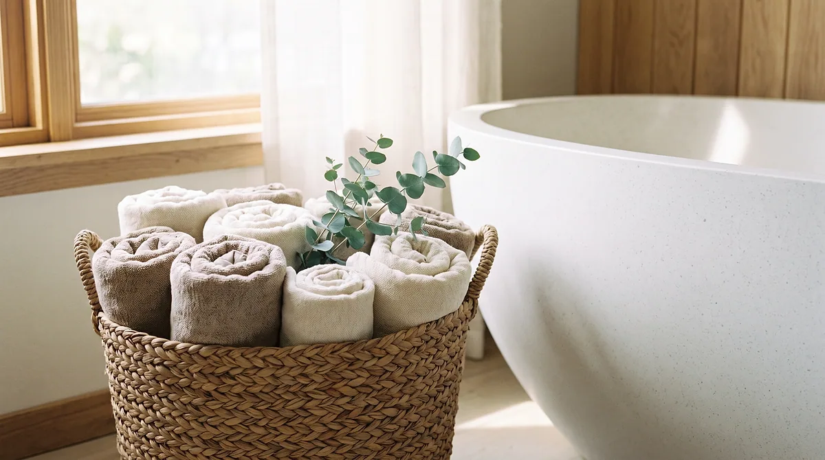 Rolled Turkish cotton towels in a woven basket beside a bathtub