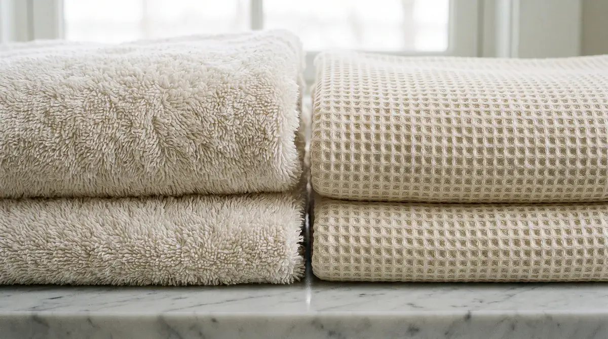 Turkish cotton and Egyptian cotton towels stacked side by side showing different weaves