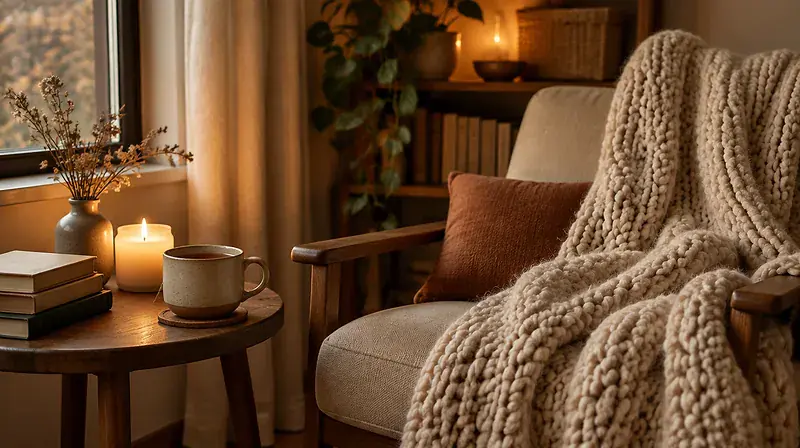 What is hygge: a cozy corner with a chunky knit blanket, a lit candle, and a warm mug of tea