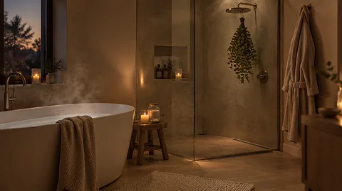 Bath or shower before bed: a steaming bathtub and a shower with eucalyptus in soft evening light