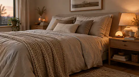 Bedroom sanctuary: an oat linen bed with a knit throw, layered pillows and a warm bedside lamp