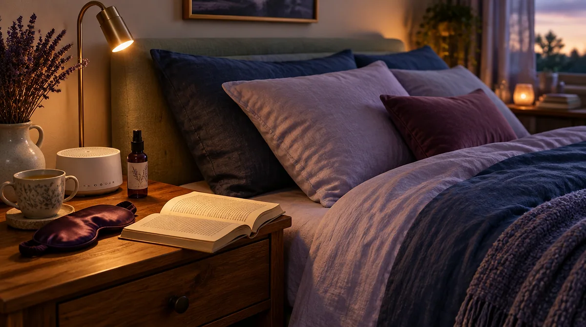Bedtime routine for adults: a nightstand with herbal tea, a sleep mask, pillow spray and a book under a warm reading light