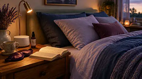 Bedtime routine for adults: a nightstand with herbal tea, a sleep mask, pillow spray and a book under a warm reading light
