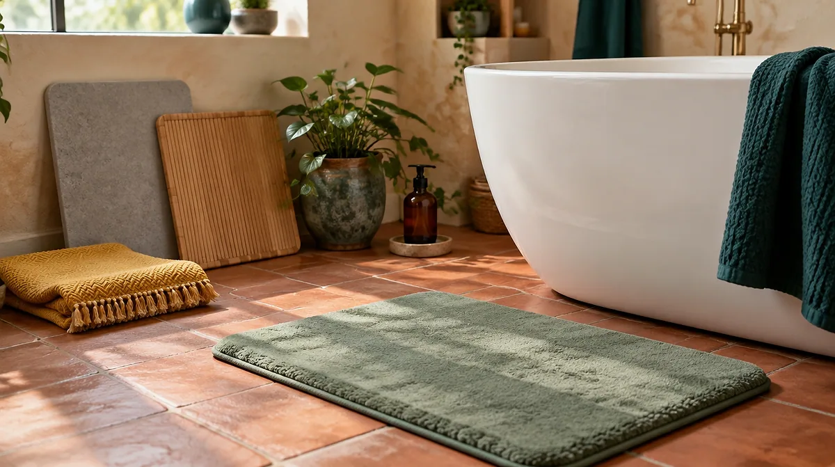 Best bath mats: a sage memory foam mat, a stone mat, a bamboo mat and a mustard cotton mat on a terracotta bathroom floor
